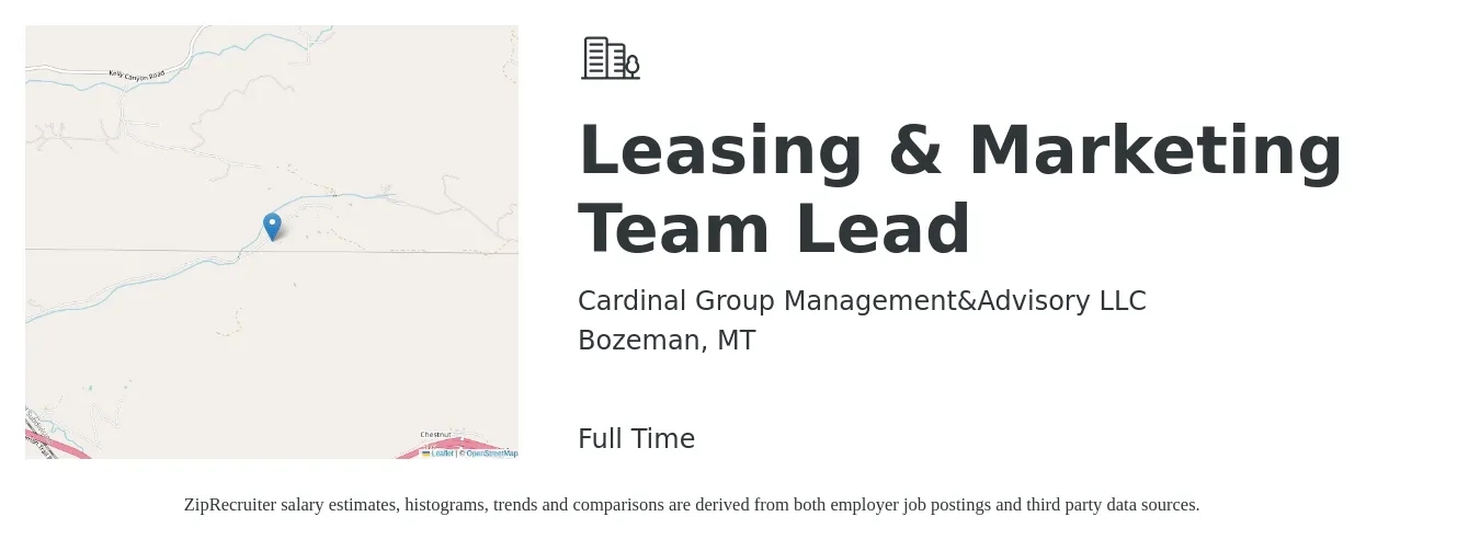 Cardinal Group Management&Advisory LLC job posting for a Leasing & Marketing Team Lead in Bozeman, MT with a salary of $18 to $22 Hourly with a map of Bozeman location.