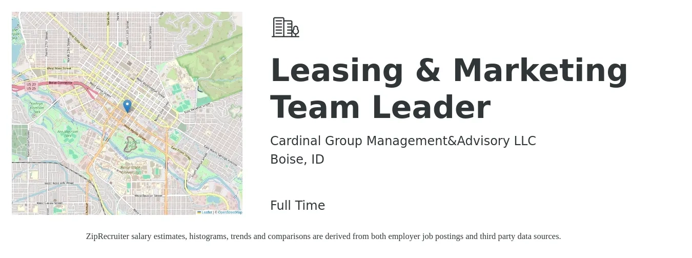 Cardinal Group Management&Advisory LLC job posting for a Leasing & Marketing Team Leader in Boise, ID with a salary of $16 to $19 Hourly with a map of Boise location.