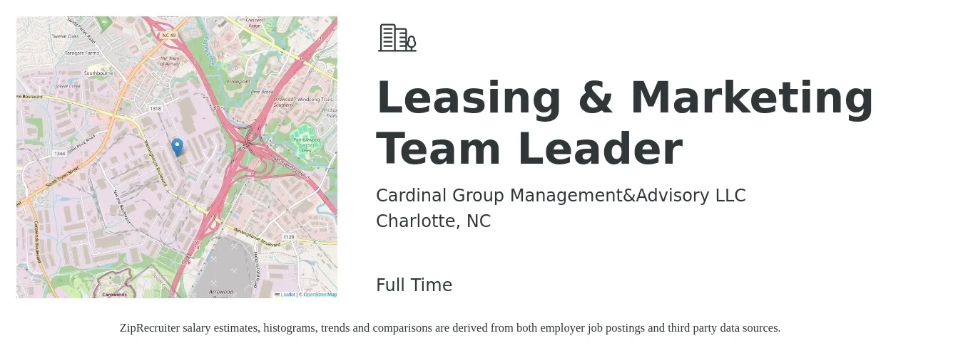 Cardinal Group Management&Advisory LLC job posting for a Leasing & Marketing Team Leader in Charlotte, NC with a salary of $15 to $18 Hourly with a map of Charlotte location.