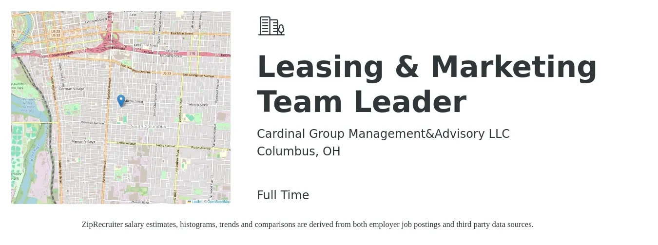 Cardinal Group Management&Advisory LLC job posting for a Leasing & Marketing Team Leader in Columbus, OH with a salary of $16 to $19 Hourly with a map of Columbus location.