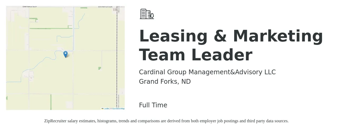 Cardinal Group Management&Advisory LLC job posting for a Leasing & Marketing Team Leader in Grand Forks, ND with a salary of $16 to $19 Hourly with a map of Grand Forks location.