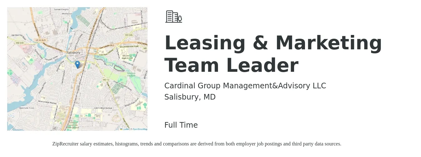 Cardinal Group Management&Advisory LLC job posting for a Leasing & Marketing Team Leader in Salisbury, MD with a salary of $17 to $20 Hourly with a map of Salisbury location.