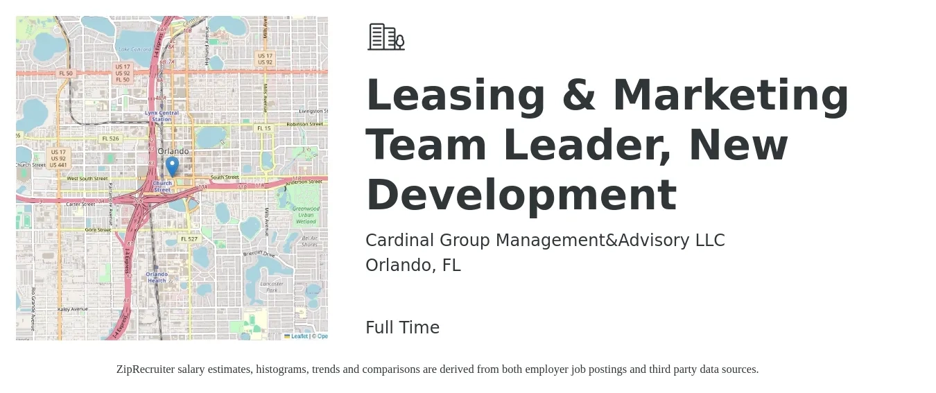 Cardinal Group Management&Advisory LLC job posting for a Leasing & Marketing Team Leader, New Development in Orlando, FL with a map of Orlando location.