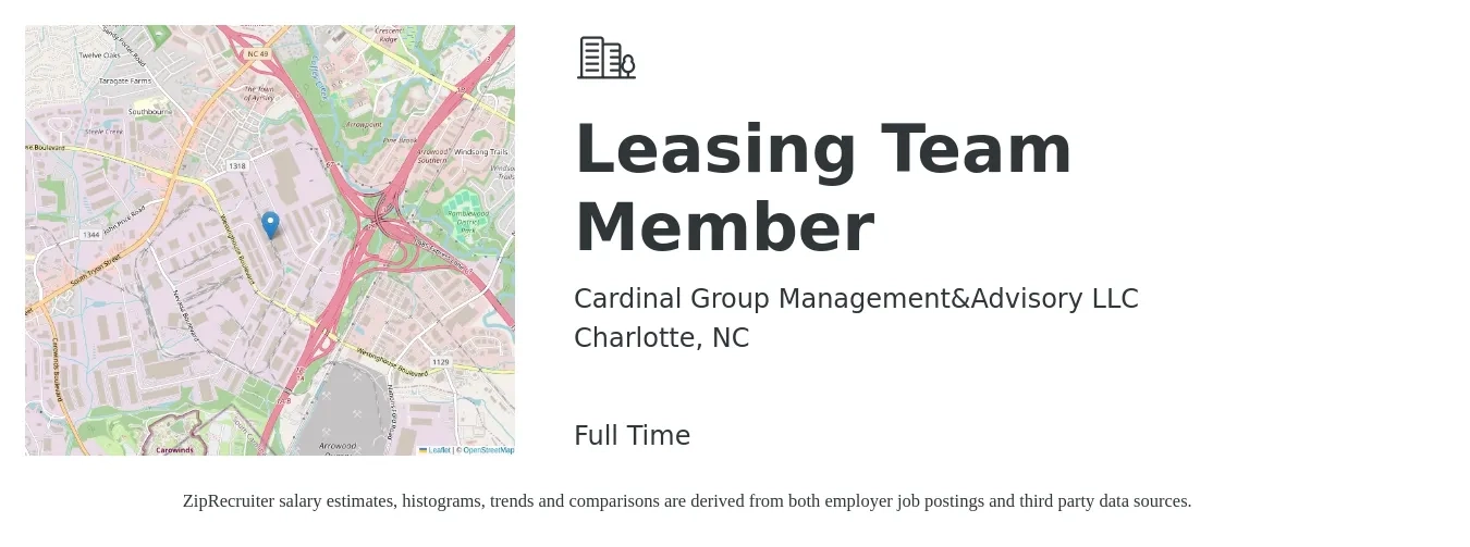 Cardinal Group Management&Advisory LLC job posting for a Leasing Team Member in Charlotte, NC with a salary of $15 to $18 Hourly with a map of Charlotte location.