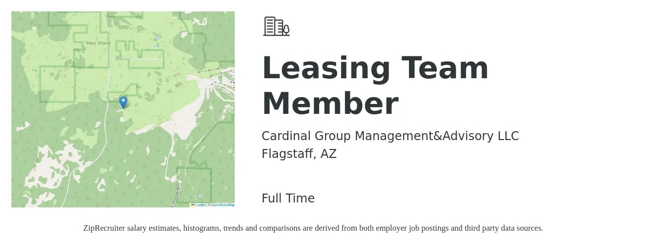 Cardinal Group Management&Advisory LLC job posting for a Leasing Team Member in Flagstaff, AZ with a salary of $17 to $20 Hourly with a map of Flagstaff location.