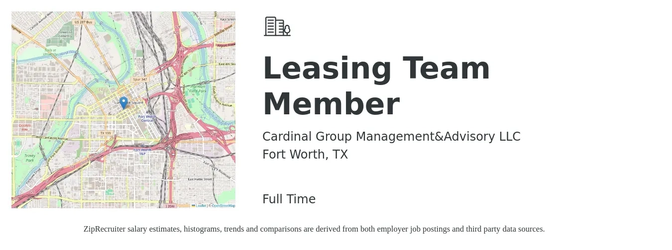 Cardinal Group Management&Advisory LLC job posting for a Leasing Team Member in Fort Worth, TX with a salary of $16 to $19 Hourly with a map of Fort Worth location.