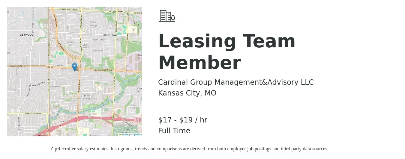 Cardinal Group Management&Advisory LLC job posting for a Leasing Team Member in Kansas City, MO with a salary of $18 to $20 Hourly with a map of Kansas City location.