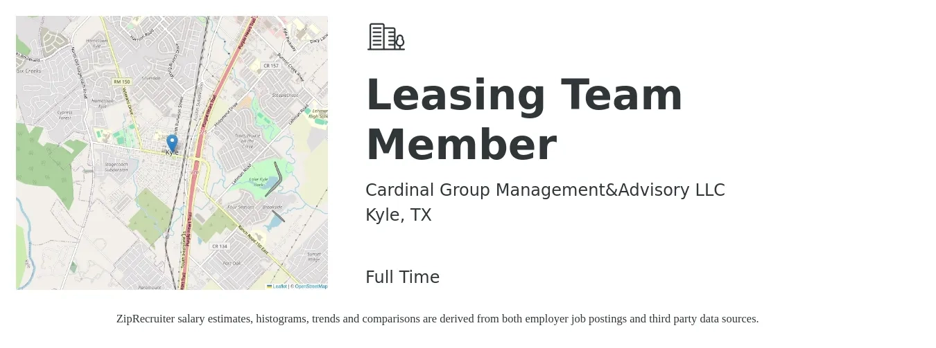 Cardinal Group Management&Advisory LLC job posting for a Leasing Team Member in Kyle, TX with a salary of $16 to $19 Hourly with a map of Kyle location.