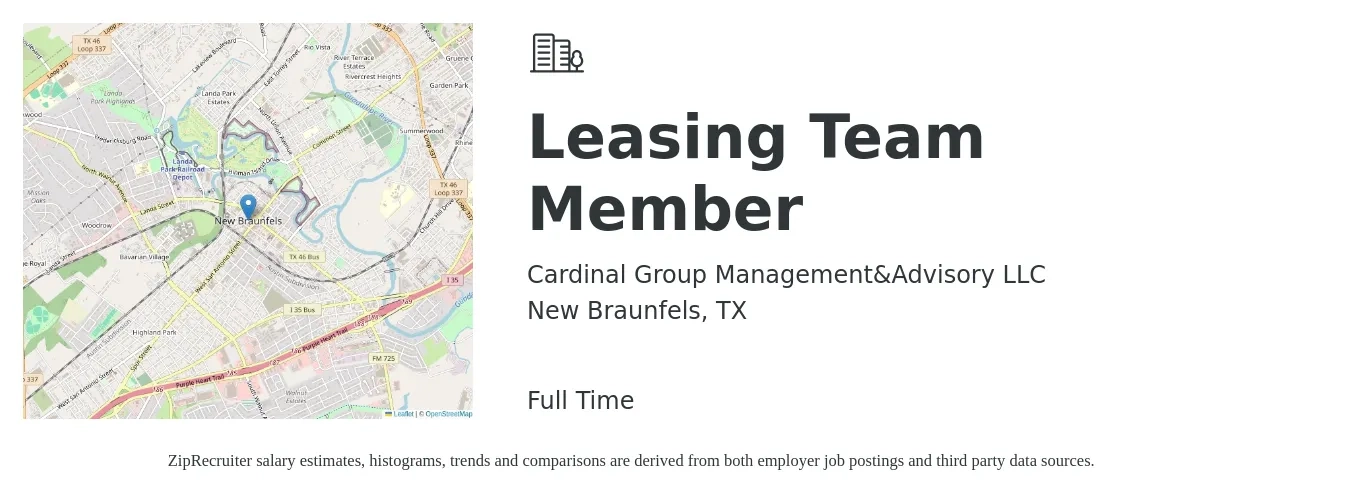 Cardinal Group Management&Advisory LLC job posting for a Leasing Team Member in New Braunfels, TX with a salary of $15 to $18 Hourly with a map of New Braunfels location.
