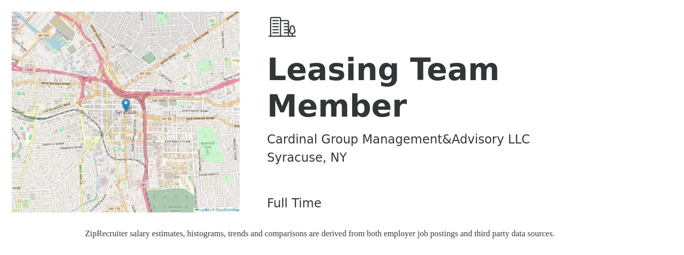 Cardinal Group Management&Advisory LLC job posting for a Leasing Team Member in Syracuse, NY with a salary of $16 to $19 Hourly with a map of Syracuse location.