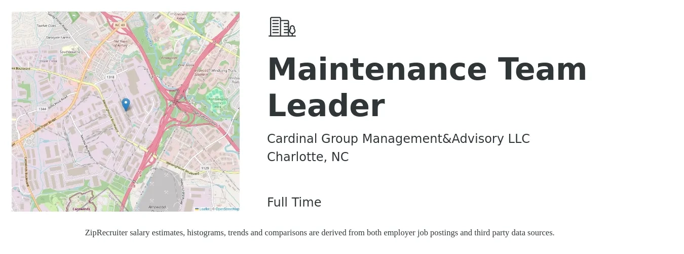 Cardinal Group Management&Advisory LLC job posting for a Maintenance Team Leader in Charlotte, NC with a salary of $18 to $29 Hourly with a map of Charlotte location.