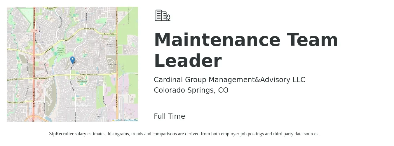 Cardinal Group Management&Advisory LLC job posting for a Maintenance Team Leader in Colorado Springs, CO with a salary of $20 to $32 Hourly with a map of Colorado Springs location.