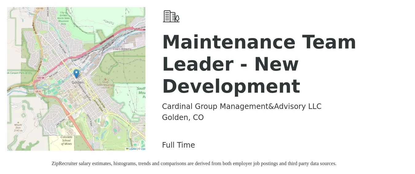 Cardinal Group Management&Advisory LLC job posting for a Maintenance Team Leader - New Development in Golden, CO with a salary of $20 to $33 Hourly with a map of Golden location.