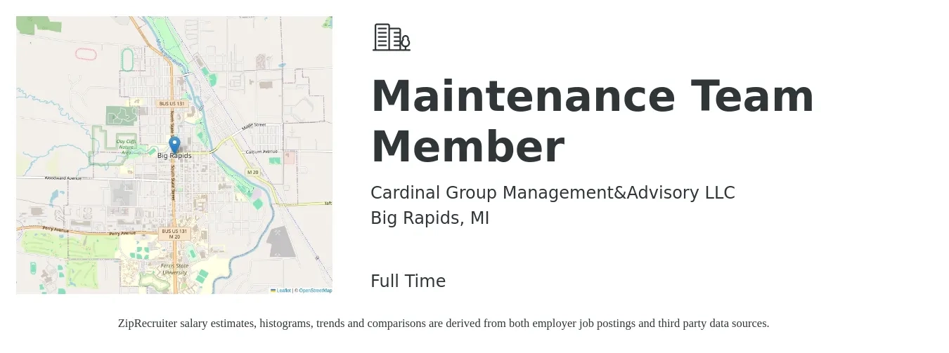 Cardinal Group Management&Advisory LLC job posting for a Maintenance Team Member in Big Rapids, MI with a salary of $12 to $16 Hourly with a map of Big Rapids location.