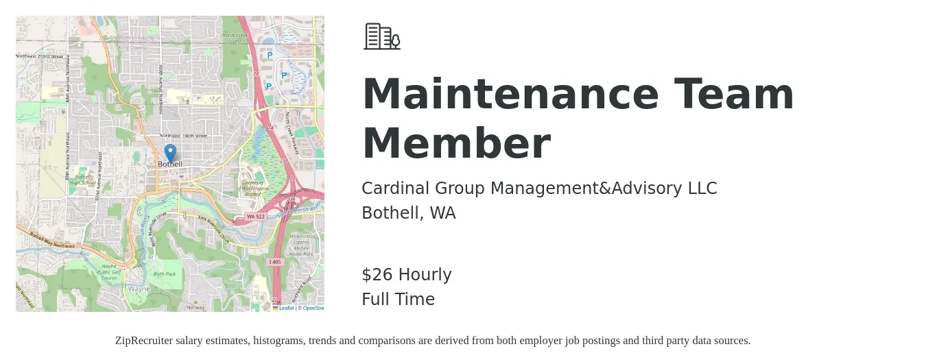 Cardinal Group Management&Advisory LLC job posting for a Maintenance Team Member in Bothell, WA with a salary of $28 Hourly with a map of Bothell location.