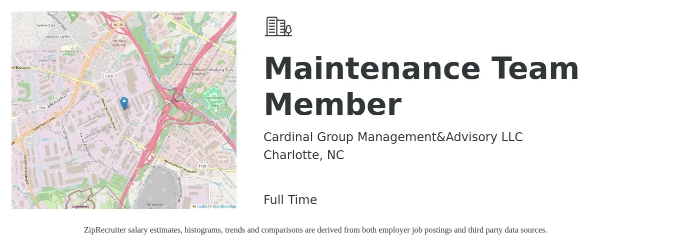 Cardinal Group Management&Advisory LLC job posting for a Maintenance Team Member in Charlotte, NC with a salary of $13 to $17 Hourly with a map of Charlotte location.