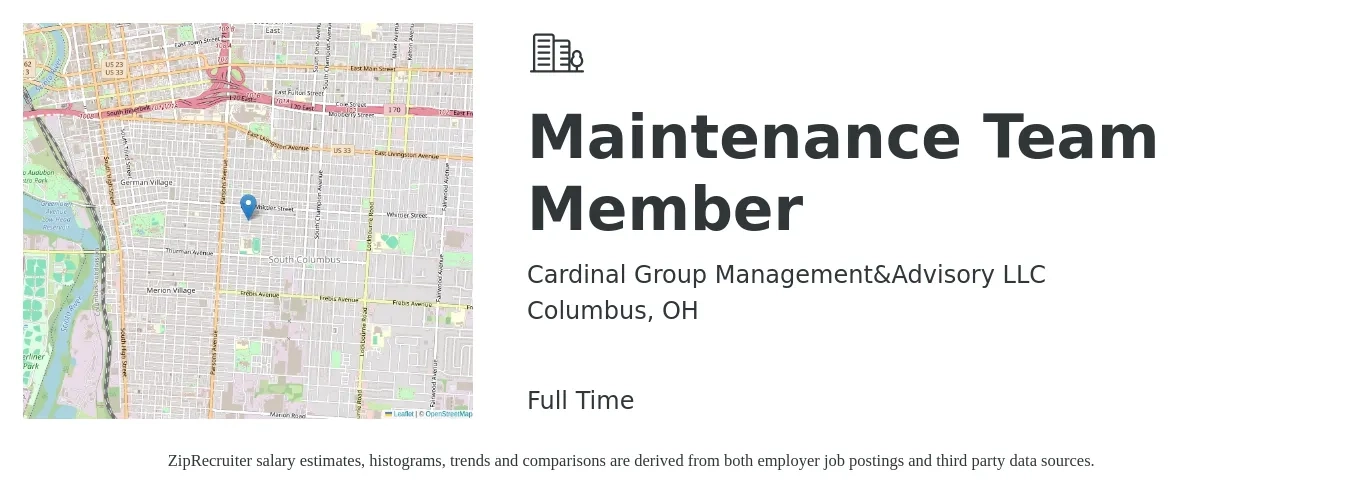 Cardinal Group Management&Advisory LLC job posting for a Maintenance Team Member in Columbus, OH with a salary of $14 to $18 Hourly with a map of Columbus location.