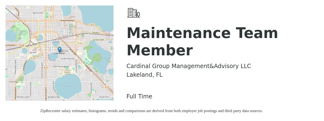 Cardinal Group Management&Advisory LLC job posting for a Maintenance Team Member in Lakeland, FL with a salary of $14 to $18 Hourly with a map of Lakeland location.