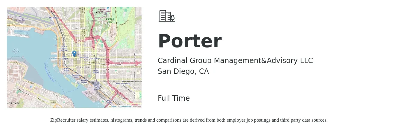Cardinal Group Management&Advisory LLC job posting for a Porter in San Diego, CA with a salary of $14 to $18 Hourly with a map of San Diego location.
