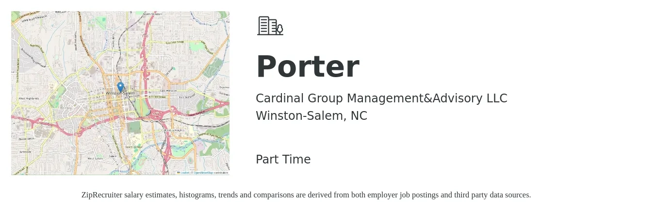 Cardinal Group Management&Advisory LLC job posting for a Porter in Winston-Salem, NC with a salary of $13 to $16 Hourly with a map of Winston-Salem location.