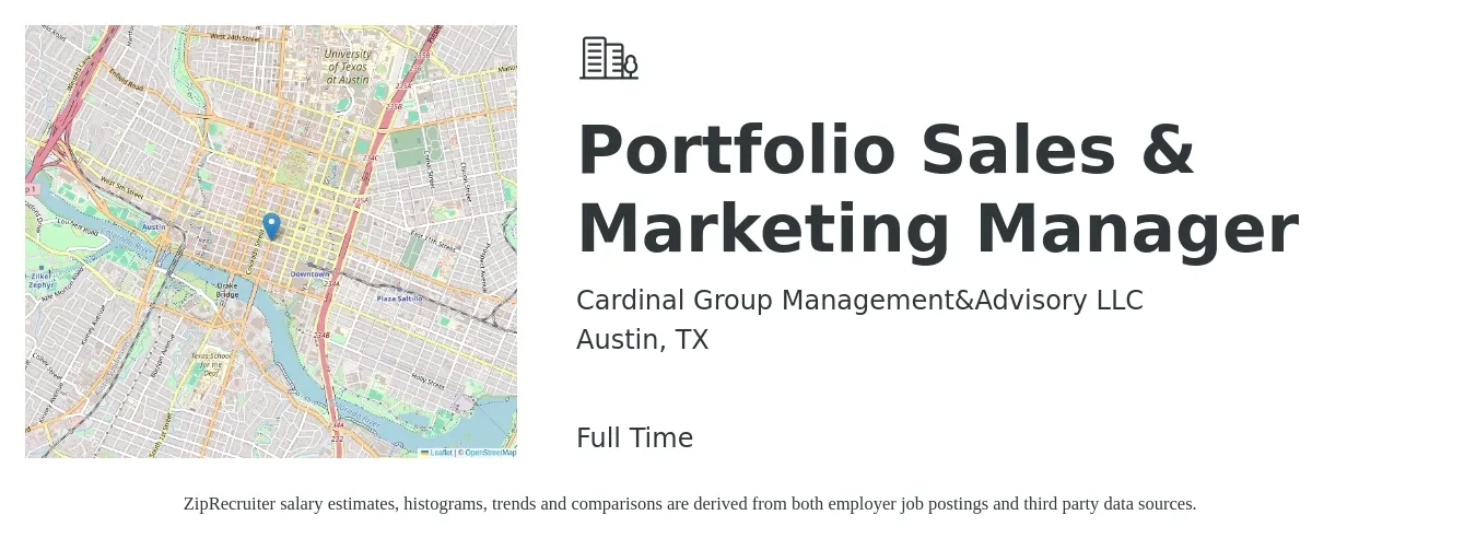 Cardinal Group Management&Advisory LLC job posting for a Portfolio Sales & Marketing Manager in Austin, TX with a salary of $47,100 to $78,800 Yearly with a map of Austin location.