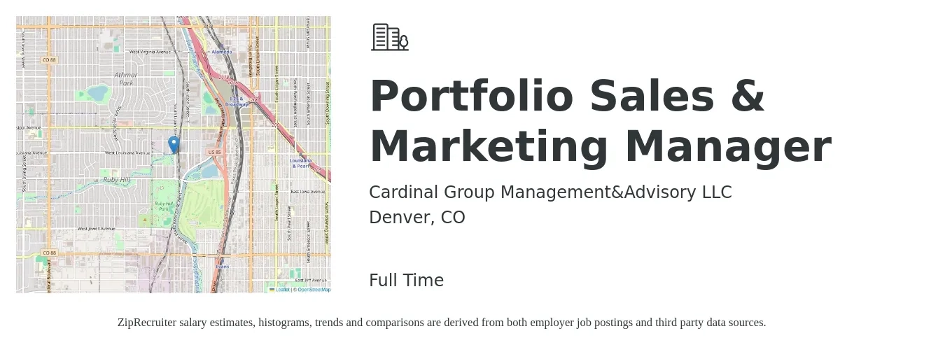 Cardinal Group Management&Advisory LLC job posting for a Portfolio Sales & Marketing Manager in Denver, CO with a salary of $48,900 to $81,800 Yearly with a map of Denver location.