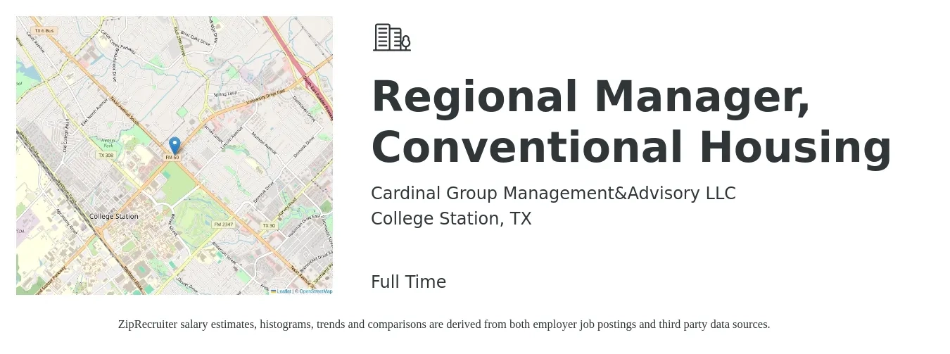 Cardinal Group Management&Advisory LLC job posting for a Regional Manager, Conventional Housing in College Station, TX with a salary of $64,500 to $86,800 Yearly with a map of College Station location.