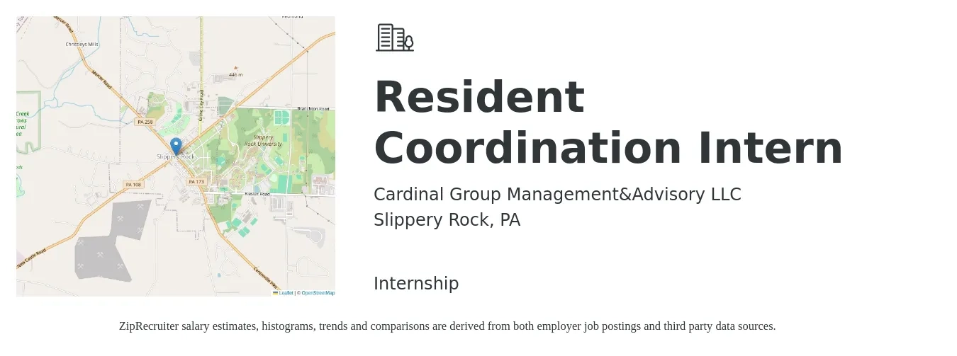 Cardinal Group Management&Advisory LLC job posting for a Resident Coordination Intern in Slippery Rock, PA with a salary of $13 to $17 Hourly with a map of Slippery Rock location.