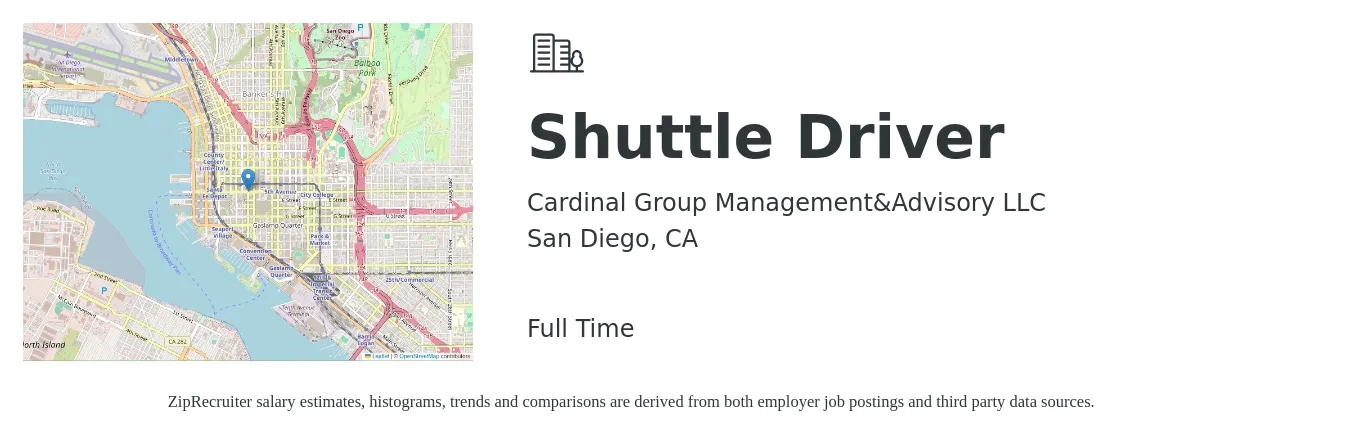 Cardinal Group Management&Advisory LLC job posting for a Shuttle Driver in San Diego, CA with a salary of $15 to $21 Hourly with a map of San Diego location.
