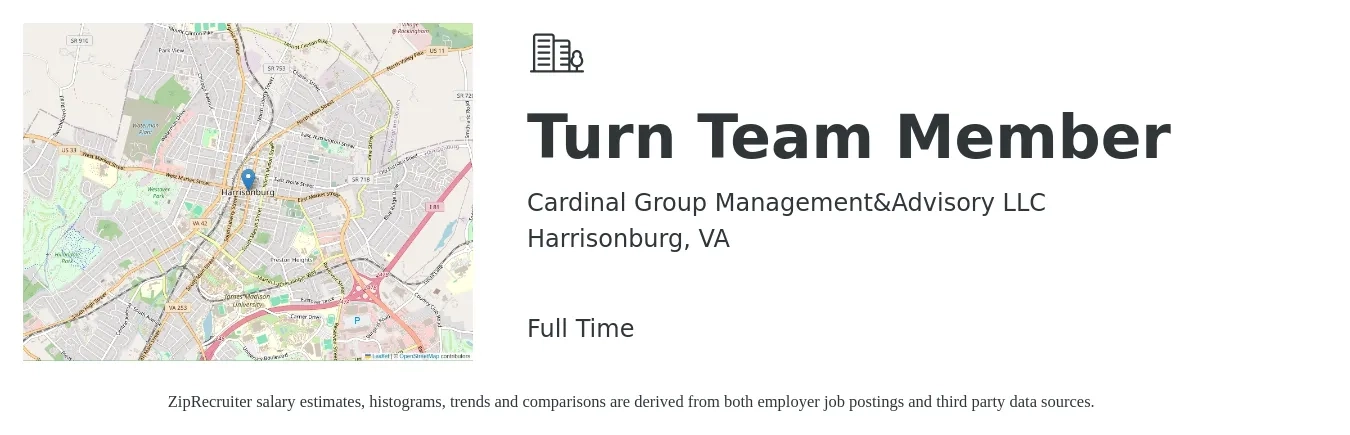 Cardinal Group Management&Advisory LLC job posting for a Turn Team Member in Harrisonburg, VA with a salary of $14 to $18 Hourly with a map of Harrisonburg location.