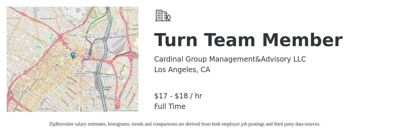 Cardinal Group Management&Advisory LLC job posting for a Turn Team Member in Los Angeles, CA with a salary of $16 to $20 Hourly with a map of Los Angeles location.