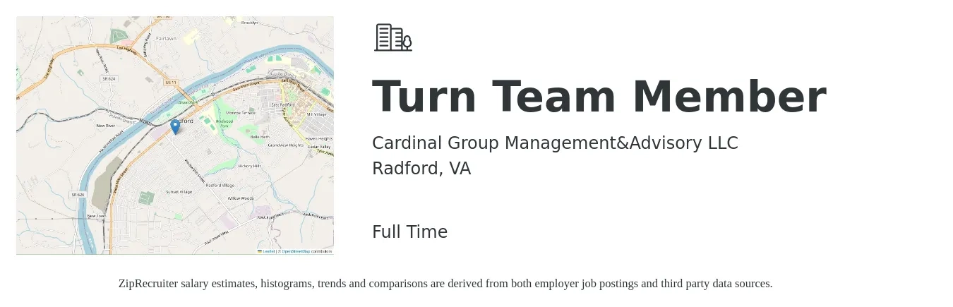 Cardinal Group Management&Advisory LLC job posting for a Turn Team Member in Radford, VA with a salary of $14 to $18 Hourly with a map of Radford location.