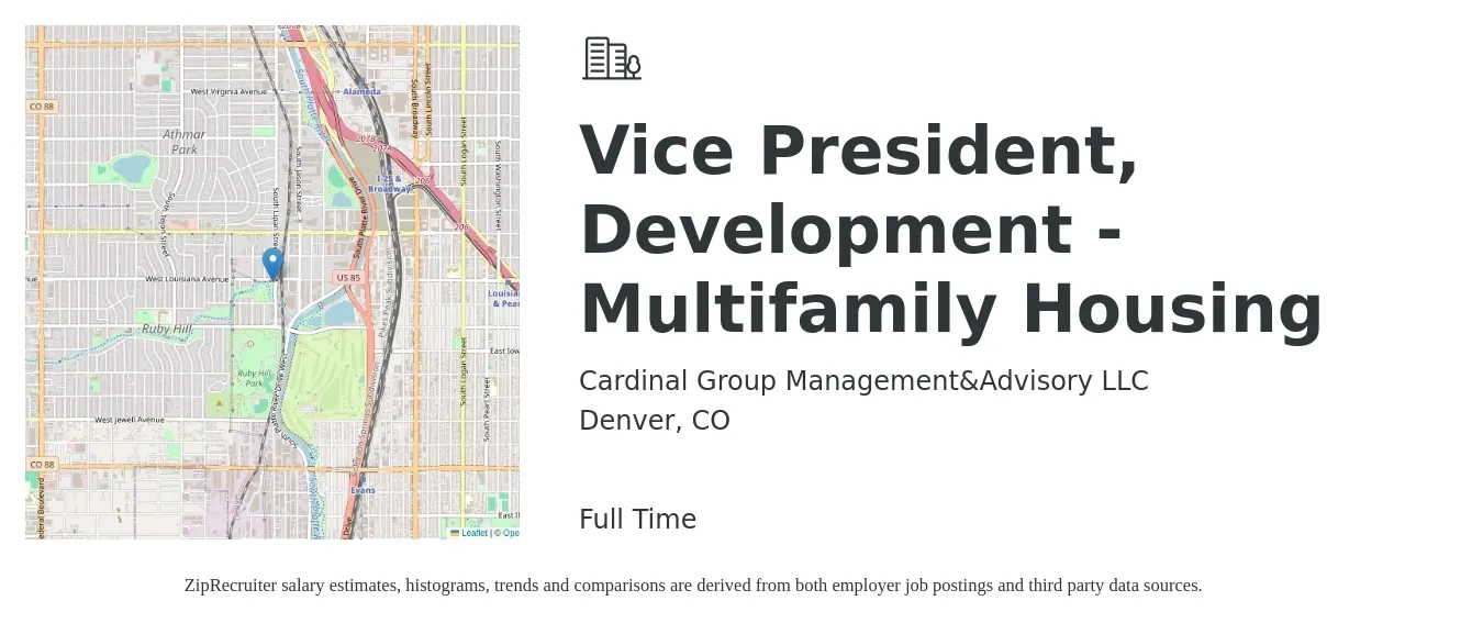 Cardinal Group Management&Advisory LLC job posting for a Vice President, Development - Multifamily Housing in Denver, CO with a salary of $118,400 to $180,600 Yearly with a map of Denver location.