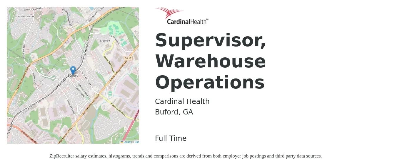 Cardinal Health job posting for a Supervisor, Warehouse Operations in Buford, GA with a salary of $50,200 to $73,400 Yearly with a map of Buford location.