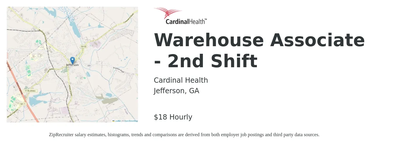 Cardinal Health job posting for a Warehouse Associate - 2nd Shift in Jefferson, GA with a salary of $20 Hourly with a map of Jefferson location.