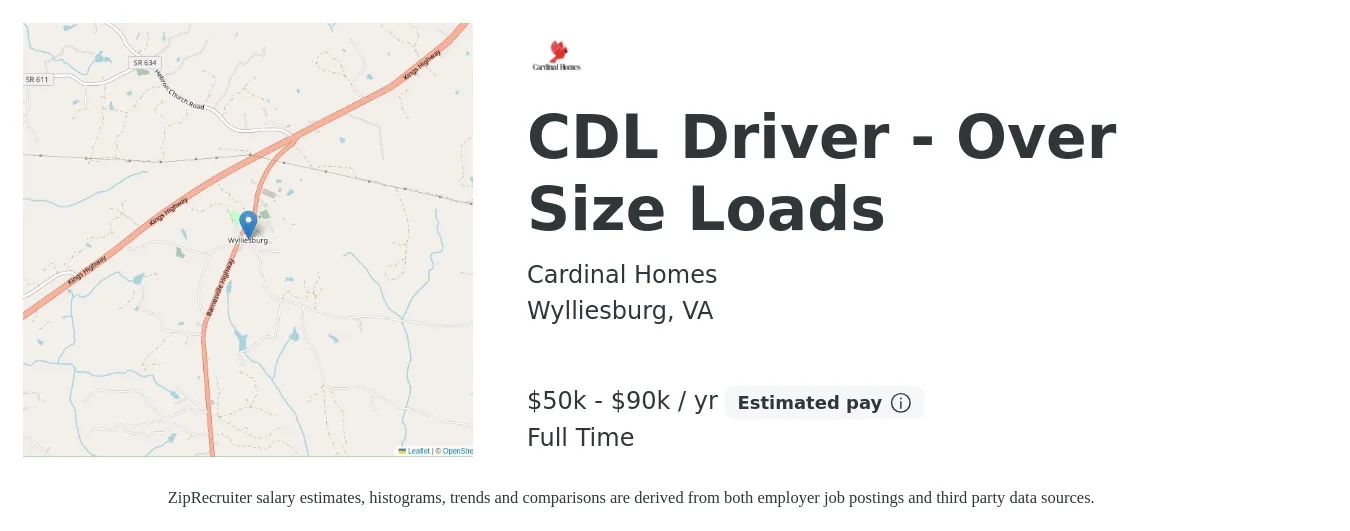 Cardinal Homes job posting for a CDL Driver - Over Size Loads in Wylliesburg, VA with a salary of $50,000 to $90,000 Yearly with a map of Wylliesburg location.