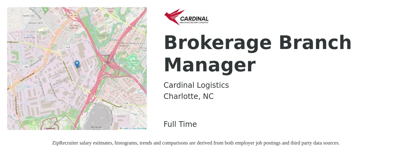 Cardinal Logistics job posting for a Brokerage Branch Manager in Charlotte, NC with a salary of $102,600 to $112,300 Yearly with a map of Charlotte location.