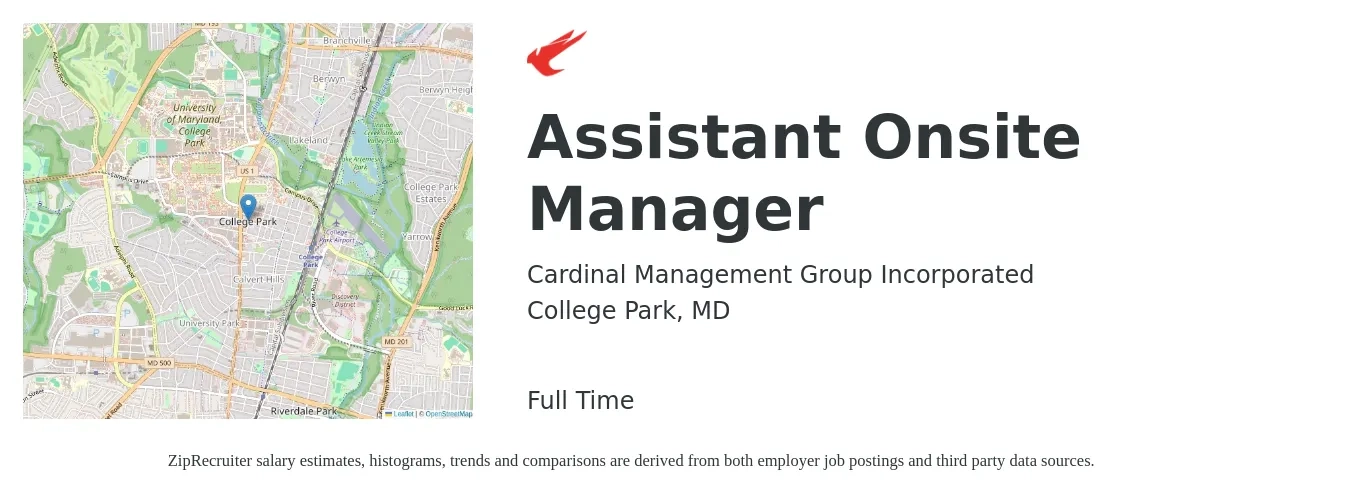 Cardinal Management Group Incorporated job posting for a Assistant Onsite Manager in College Park, MD with a salary of $35,600 to $72,700 Yearly with a map of College Park location.