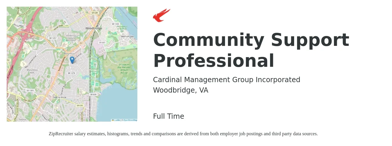 Cardinal Management Group Incorporated job posting for a Community Support Professional in Woodbridge, VA with a salary of $16 to $21 Hourly with a map of Woodbridge location.