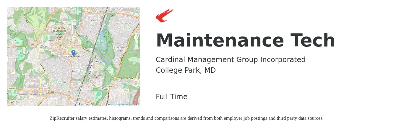Cardinal Management Group Incorporated job posting for a Maintenance Tech in College Park, MD with a salary of $19 to $26 Hourly with a map of College Park location.