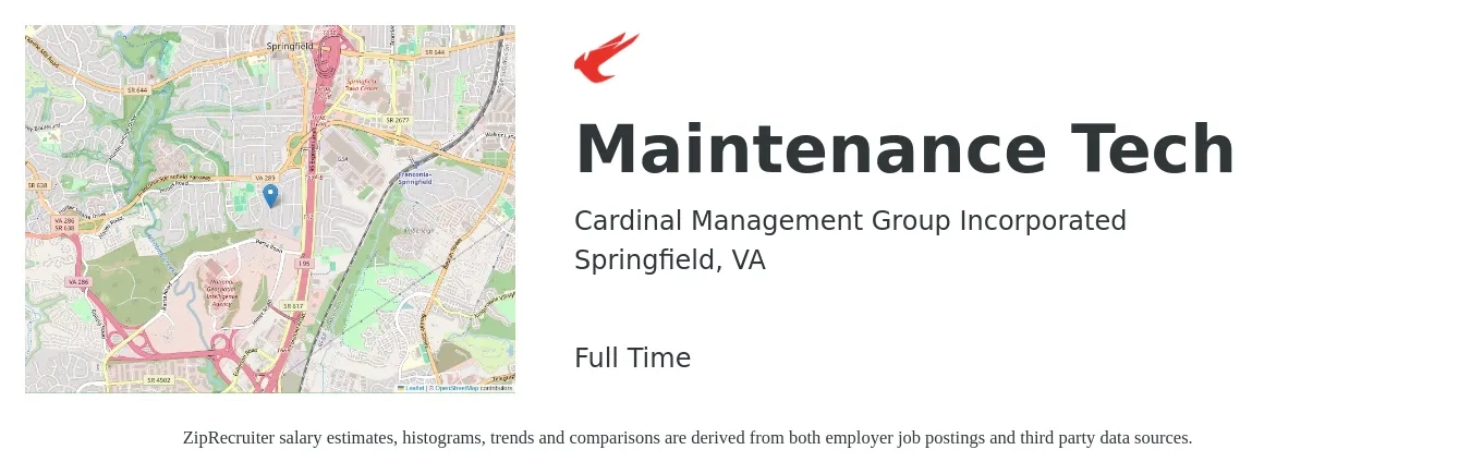 Cardinal Management Group Incorporated job posting for a Maintenance Tech in Springfield, VA with a salary of $20 to $28 Hourly with a map of Springfield location.