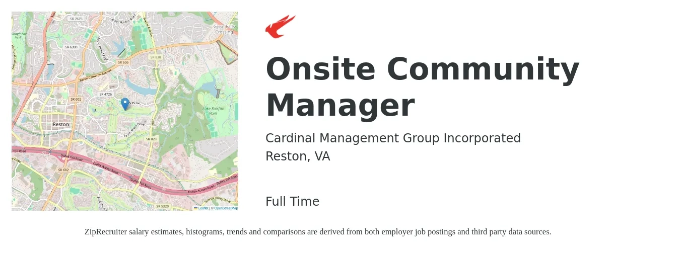 Cardinal Management Group Incorporated job posting for a Onsite Community Manager in Reston, VA with a salary of $48,900 to $69,700 Yearly with a map of Reston location.