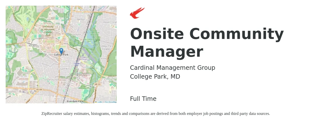 Cardinal Management Group Incorporated job posting for a Onsite Community Manager in College Park, MD with a salary of $46,500 to $66,200 Yearly with a map of College Park location.
