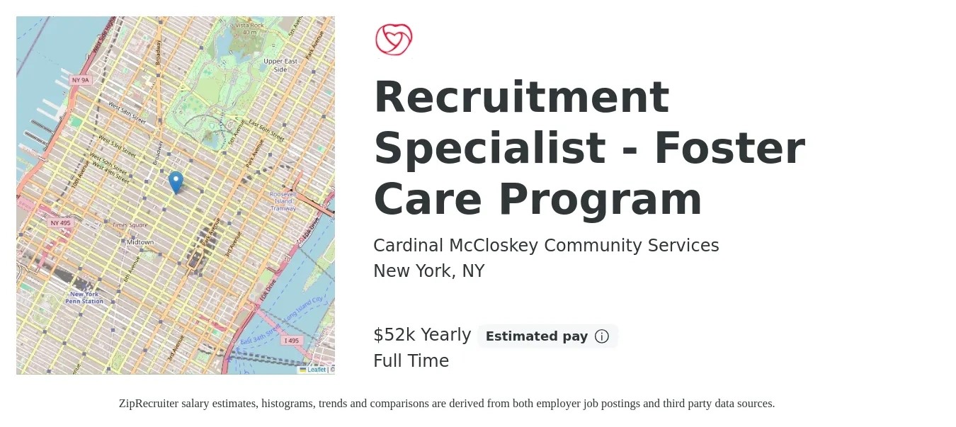 Cardinal McCloskey Community Services job posting for a Recruitment Specialist - Foster Care Program in New York, NY with a salary of $52,000 to $52,500 Yearly with a map of New York location.