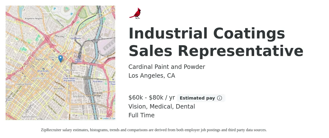 Cardinal Paint and Powder job posting for a Industrial Coatings Sales Representative in Los Angeles, CA with a salary of $60,000 to $80,000 Yearly (plus commission) and benefits including dental, life_insurance, medical, retirement, and vision with a map of Los Angeles location.