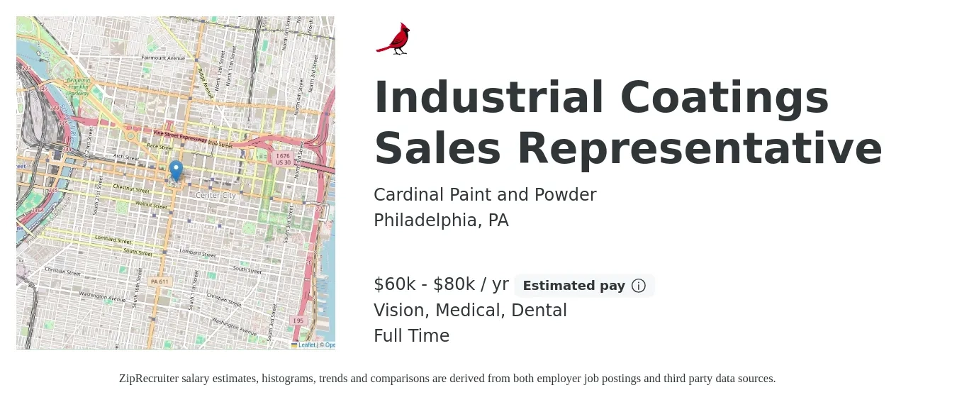Cardinal Paint and Powder job posting for a Industrial Coatings Sales Representative in Philadelphia, PA with a salary of $60,000 to $80,000 Yearly (plus commission) and benefits including dental, life_insurance, medical, retirement, and vision with a map of Philadelphia location.
