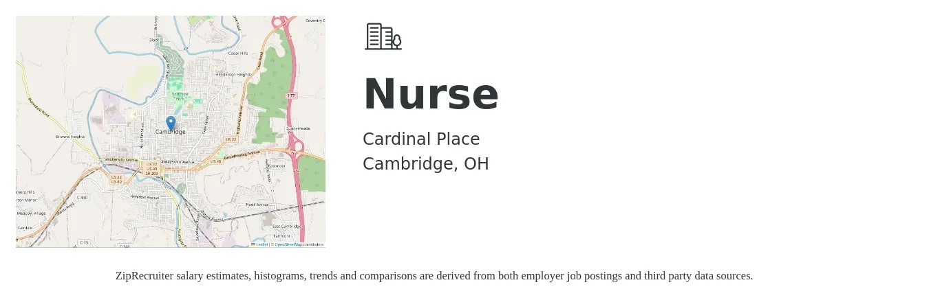 Cardinal Place job posting for a Nurse in Cambridge, OH with a salary of $27 to $40 Hourly with a map of Cambridge location.