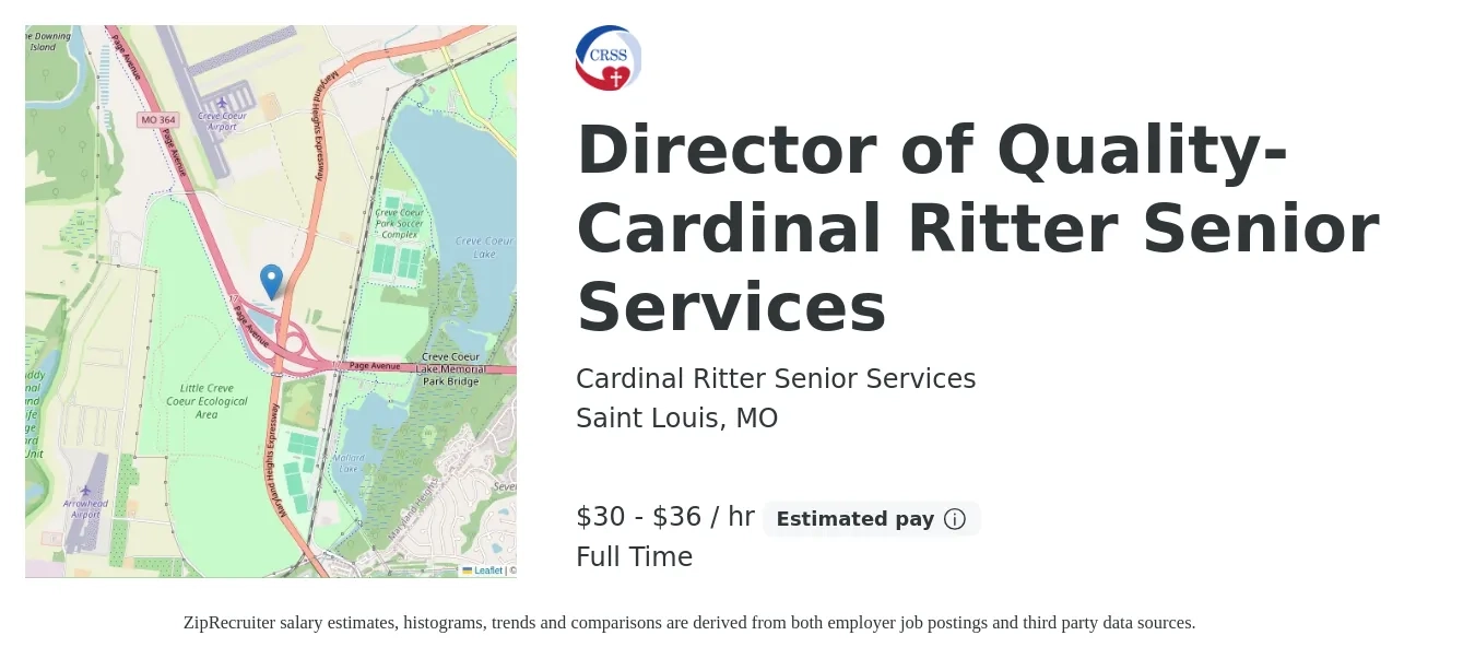 Cardinal Ritter Senior Services job posting for a Director of Quality-Cardinal Ritter Senior Services in Saint Louis, MO with a salary of $65,000 to $80,000 Yearly with a map of Saint Louis location.