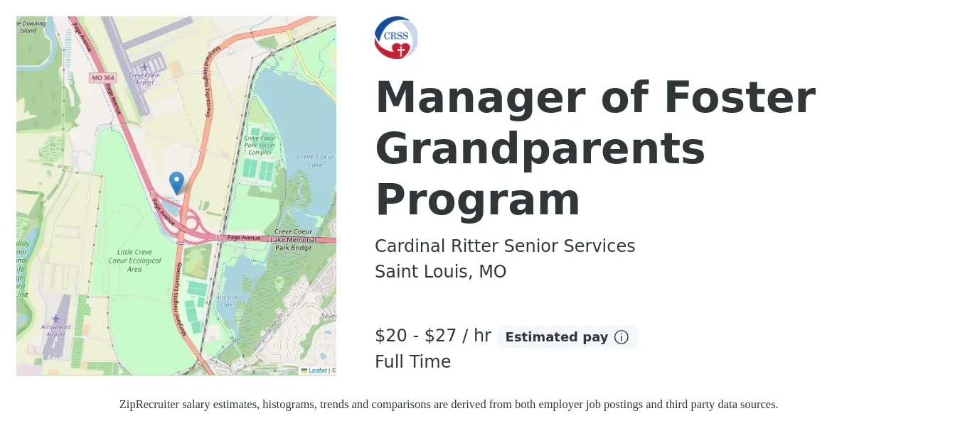 Cardinal Ritter Senior Services job posting for a Manager of Foster Grandparents Program in Saint Louis, MO with a salary of $45,000 to $60,000 Yearly with a map of Saint Louis location.