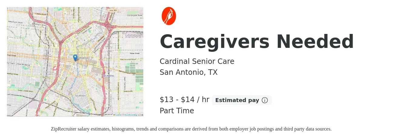 Cardinal Senior Care job posting for a Caregivers Needed in San Antonio, TX with a salary of $14 to $15 Hourly with a map of San Antonio location.